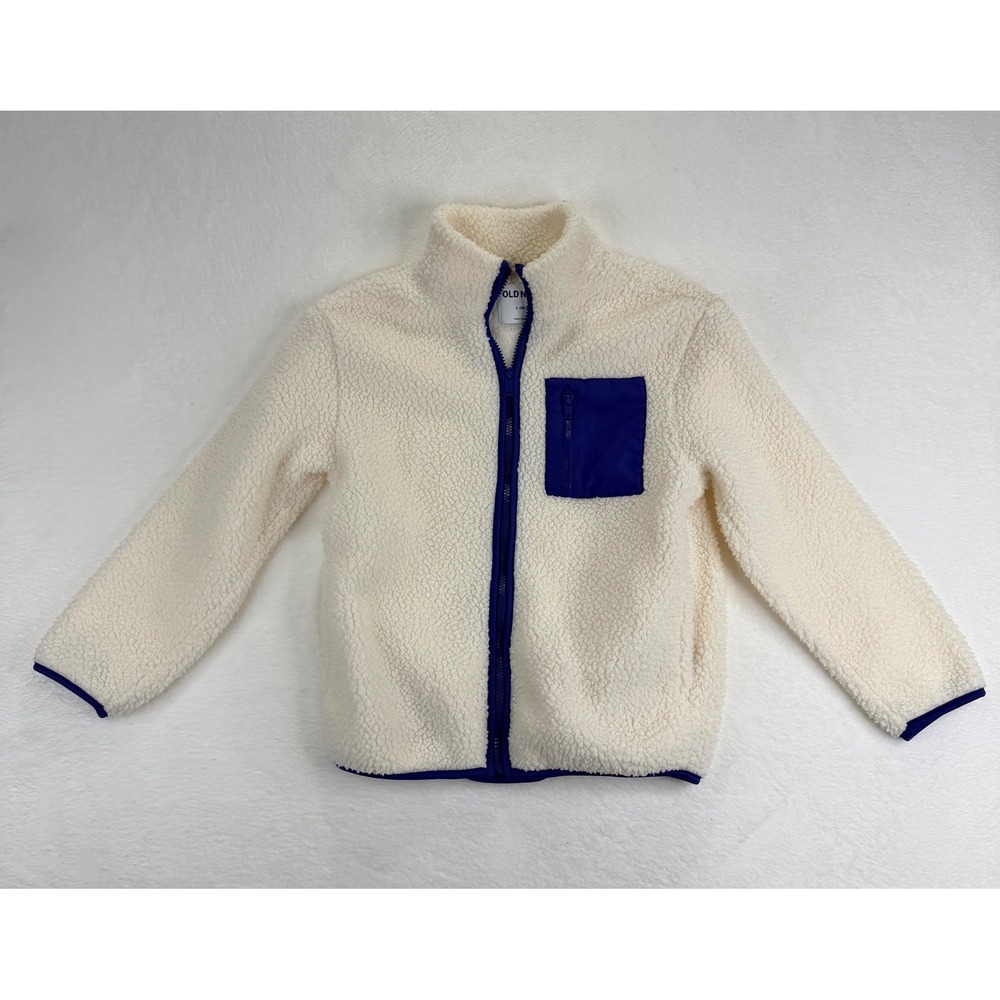 Old Navy Kids Sherpa Fleece Jacket Cream Blue Zip Up Mock Neck Large 10-12